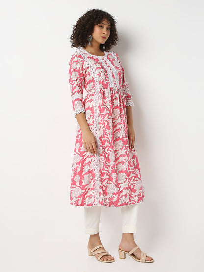 Flare Fit Printed Round Neck Three-Fourth Sleeve Kurta