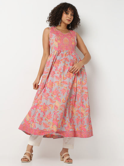 Flare Fit Printed V-Neck Sleeveless Kurta