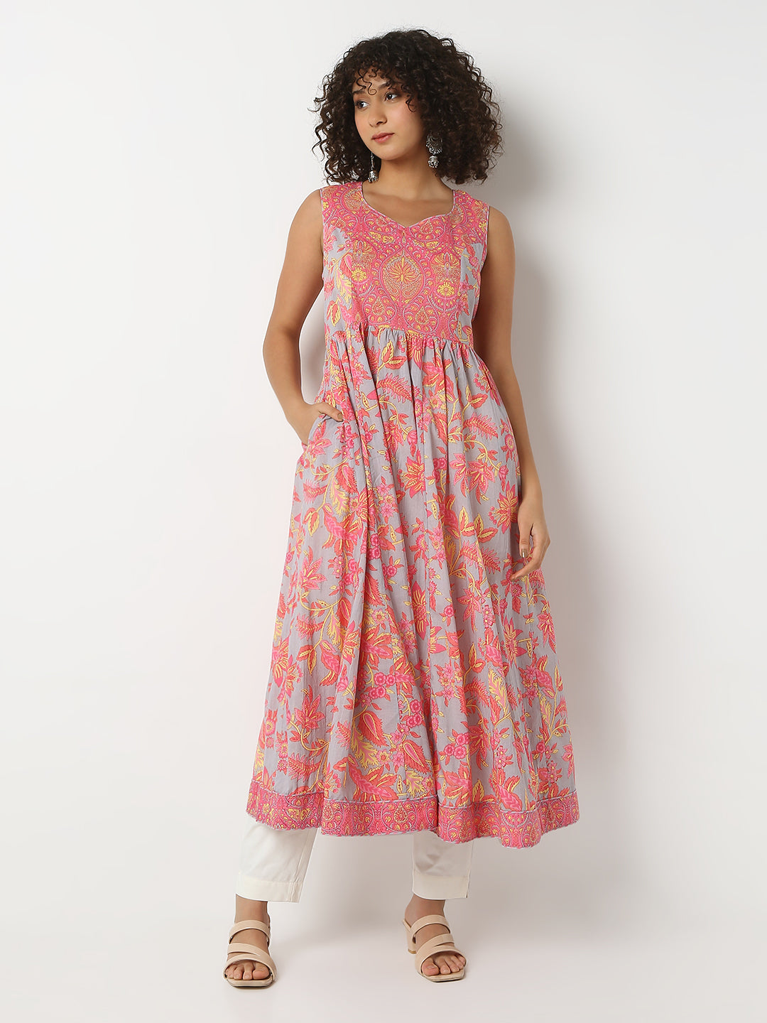 Flare Fit Printed V-Neck Sleeveless Kurta