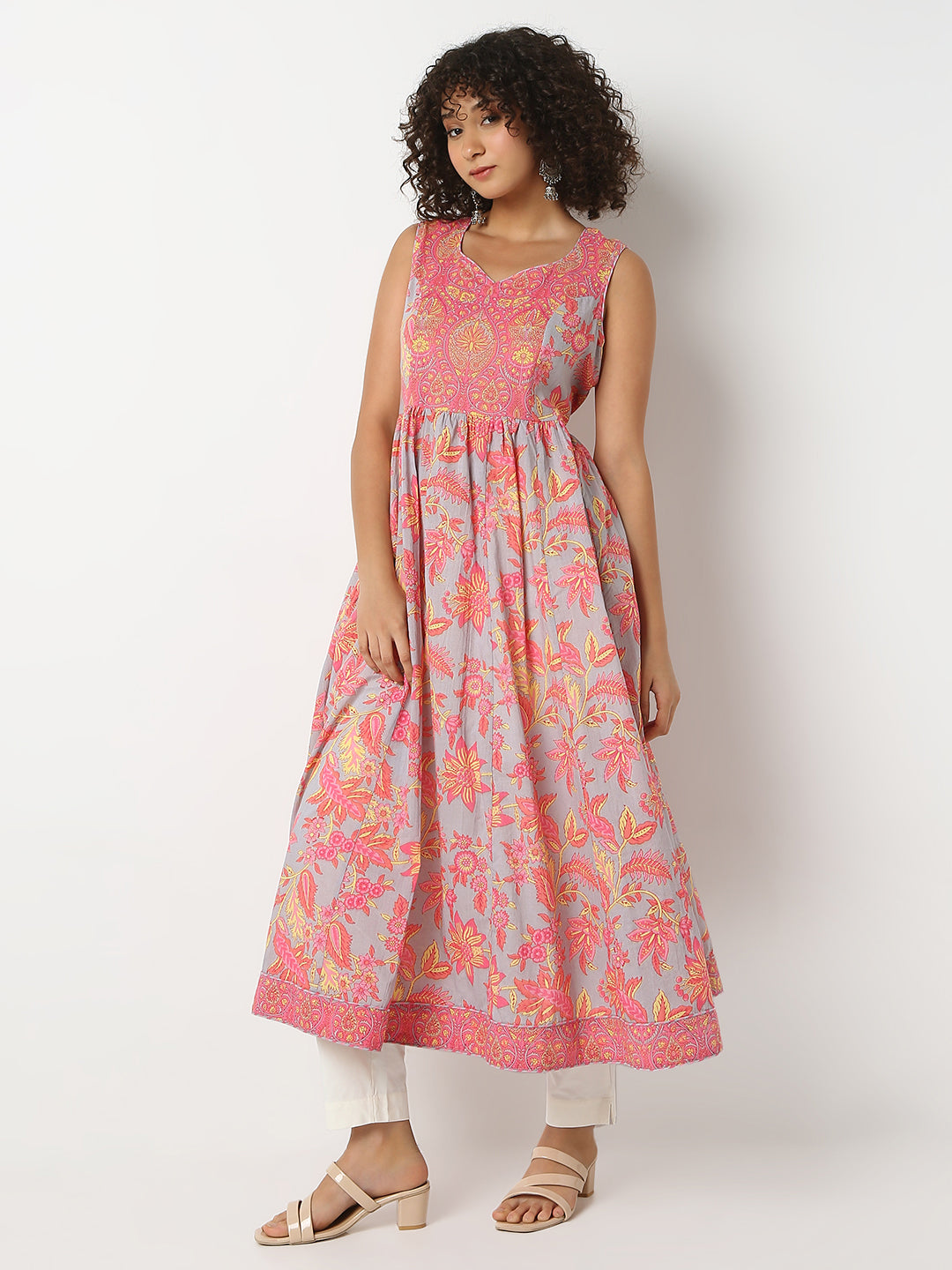 Flare Fit Printed V-Neck Sleeveless Kurta