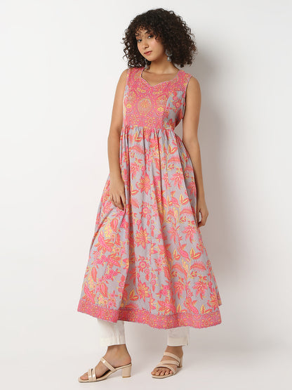 Flare Fit Printed V-Neck Sleeveless Kurta