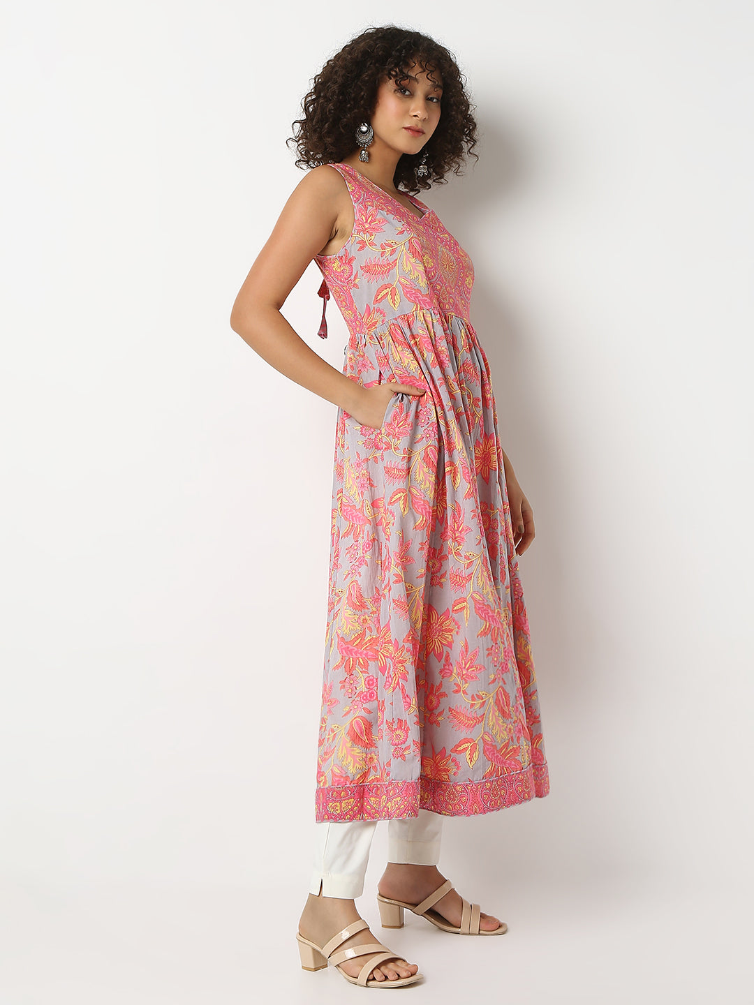 Flare Fit Printed V-Neck Sleeveless Kurta