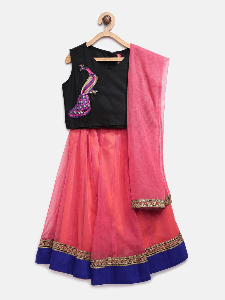 Kids Girls Flared Sleeveless Black Lehenga Set