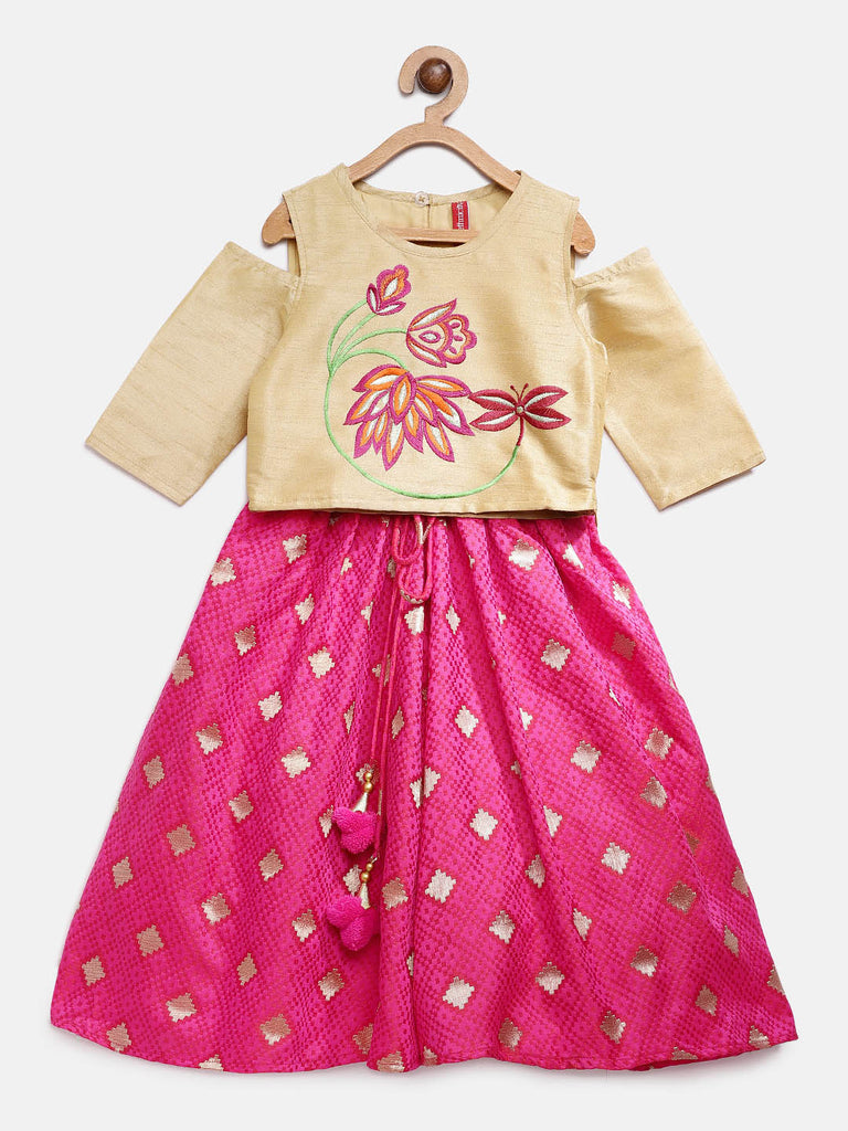 Kids Girls Flared Three-Fourth Pink Lehenga Set