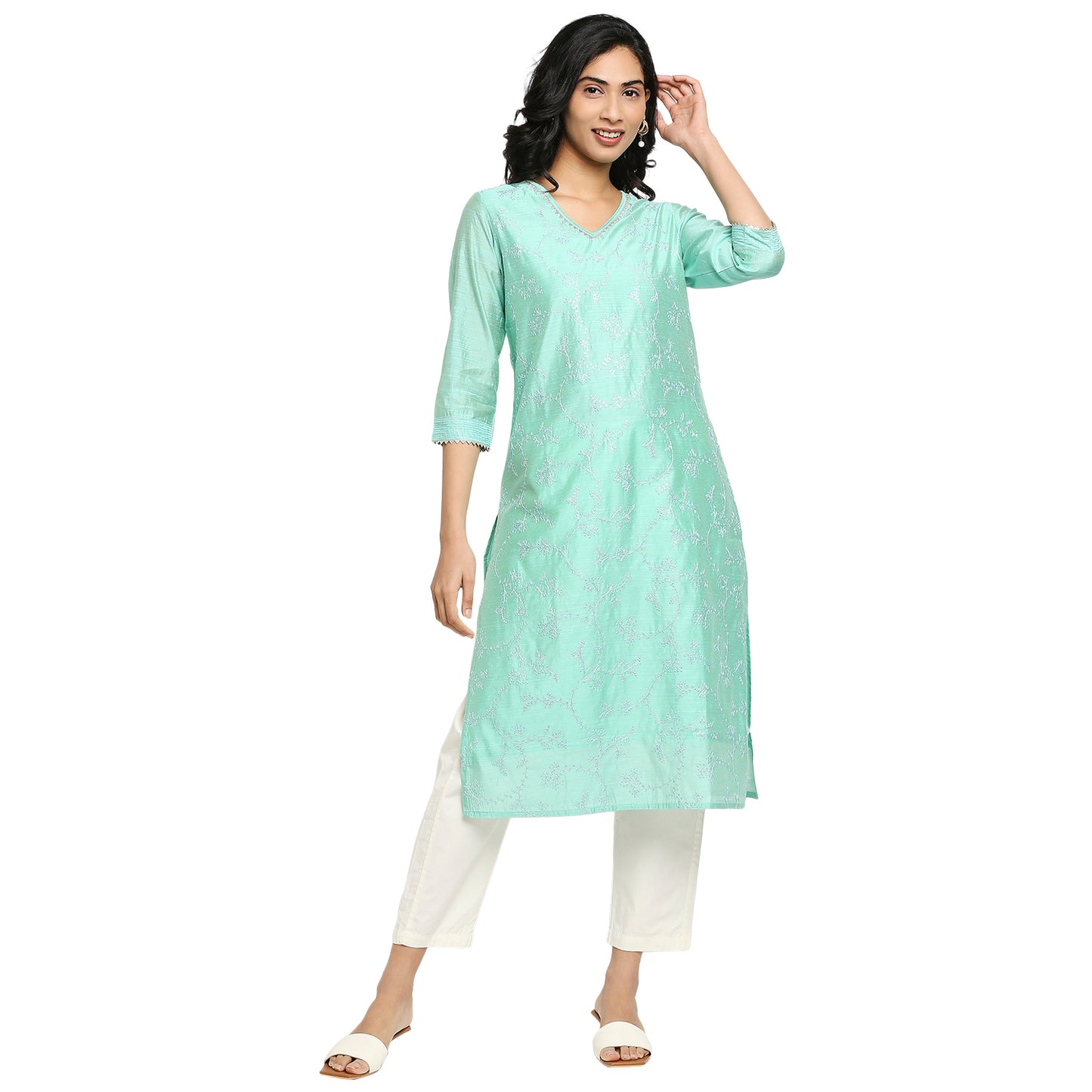Women's Aqua Viscose Chanderi Embroidered Kurta
