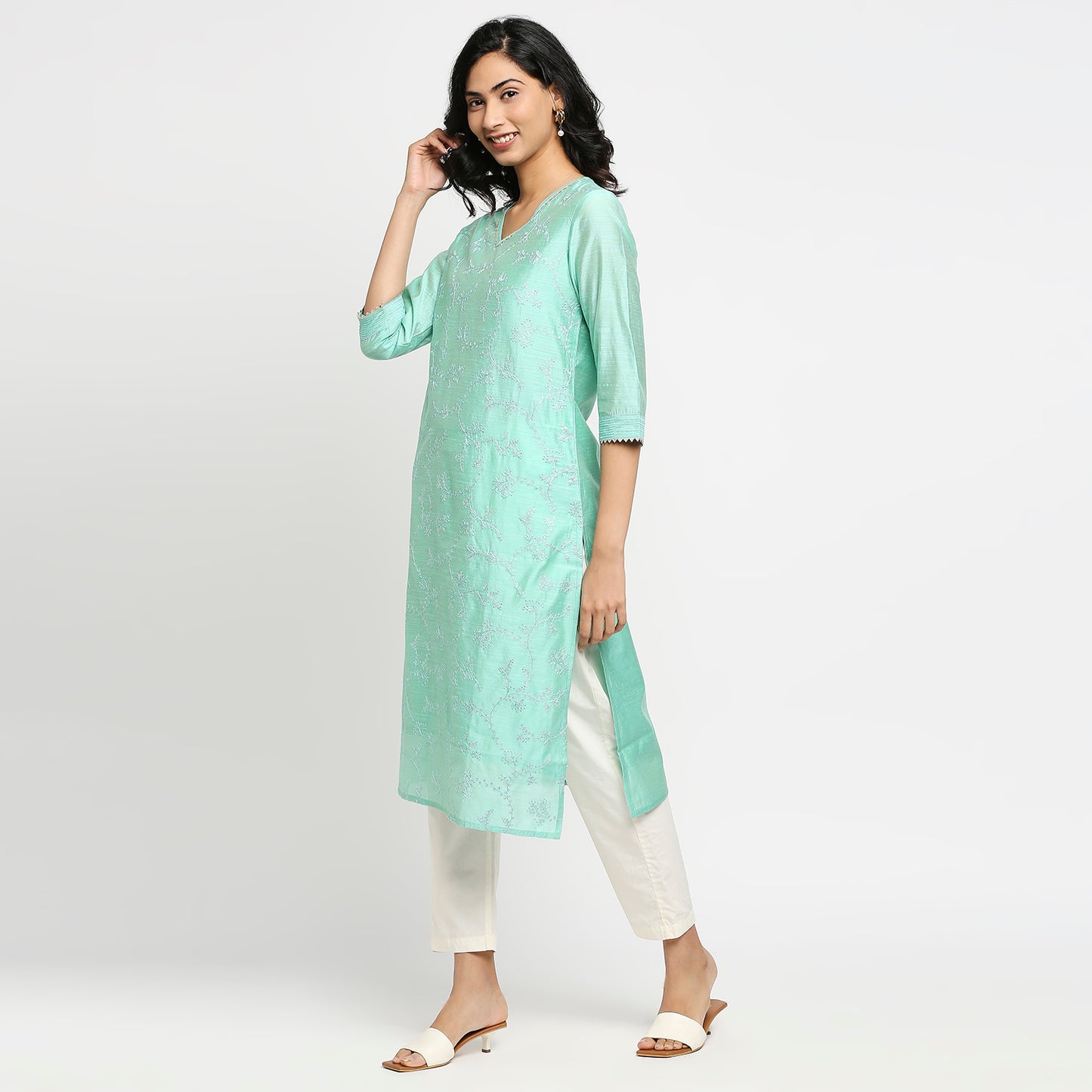 Women's Aqua Viscose Chanderi Embroidered Kurta