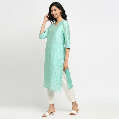 Women's Aqua Viscose Chanderi Embroidered Kurta