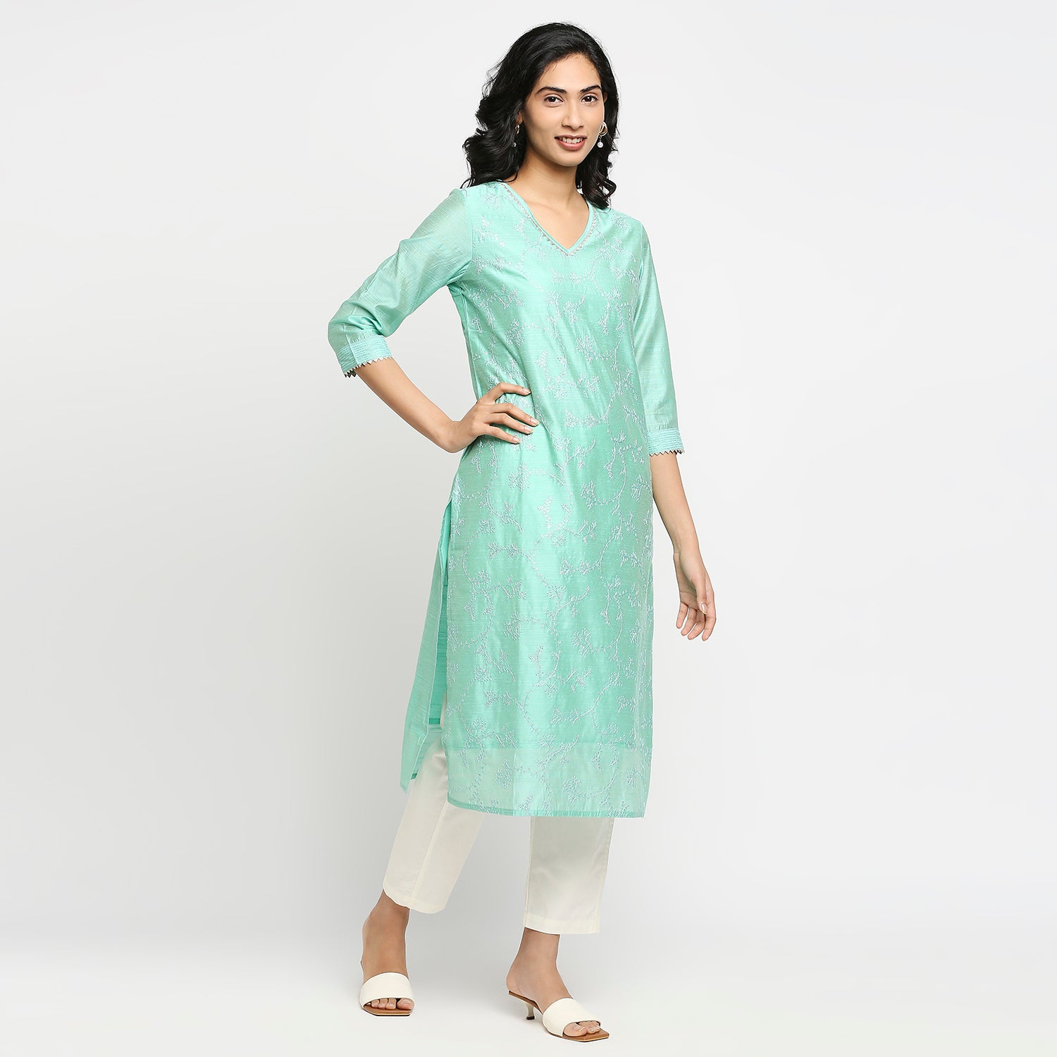 Women's Aqua Viscose Chanderi Embroidered Kurta