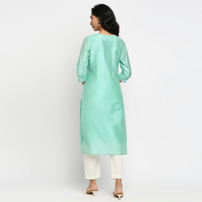 Women's Aqua Viscose Chanderi Embroidered Kurta