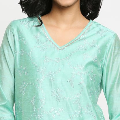 Women's Aqua Viscose Chanderi Embroidered Kurta