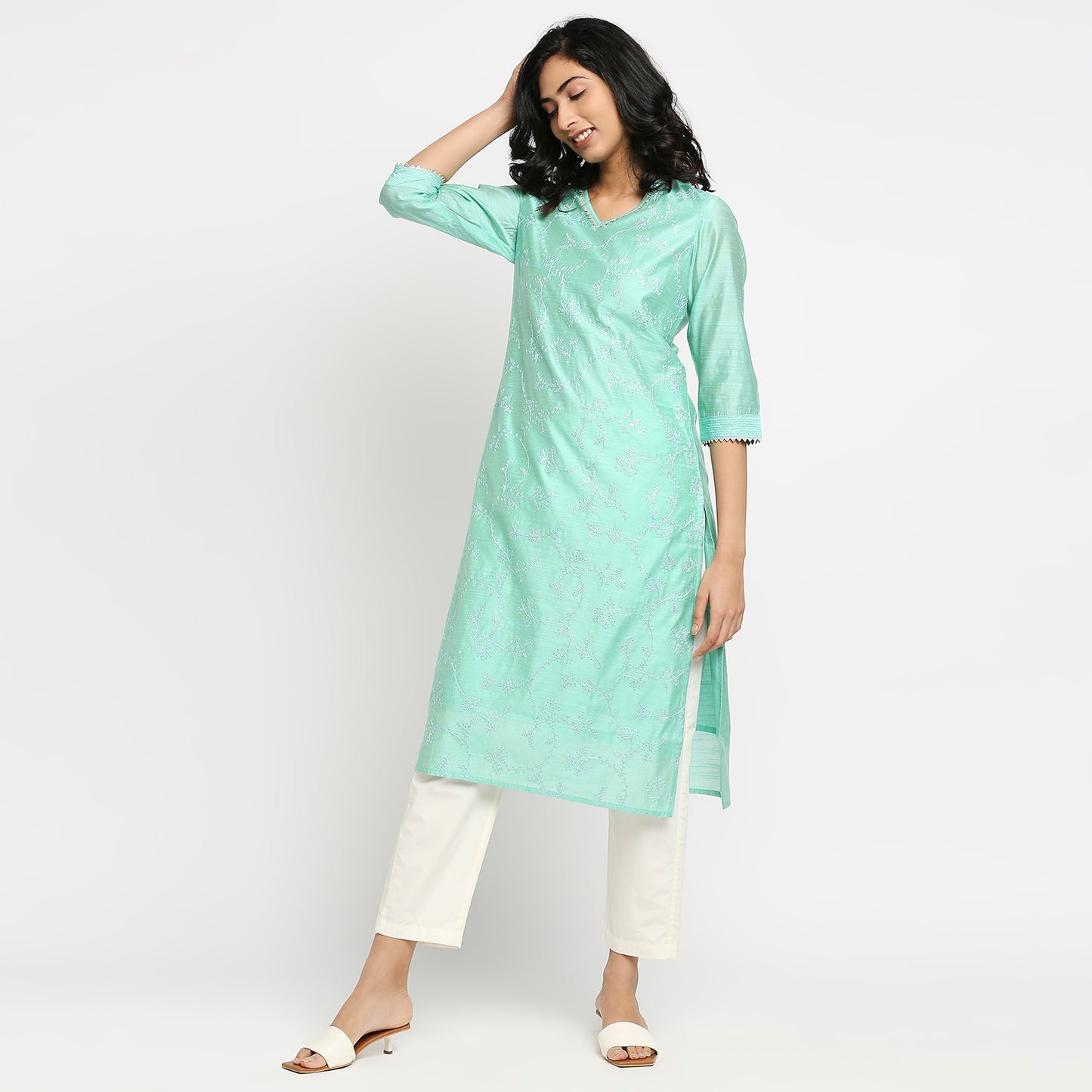 Women's Aqua Viscose Chanderi Embroidered Kurta