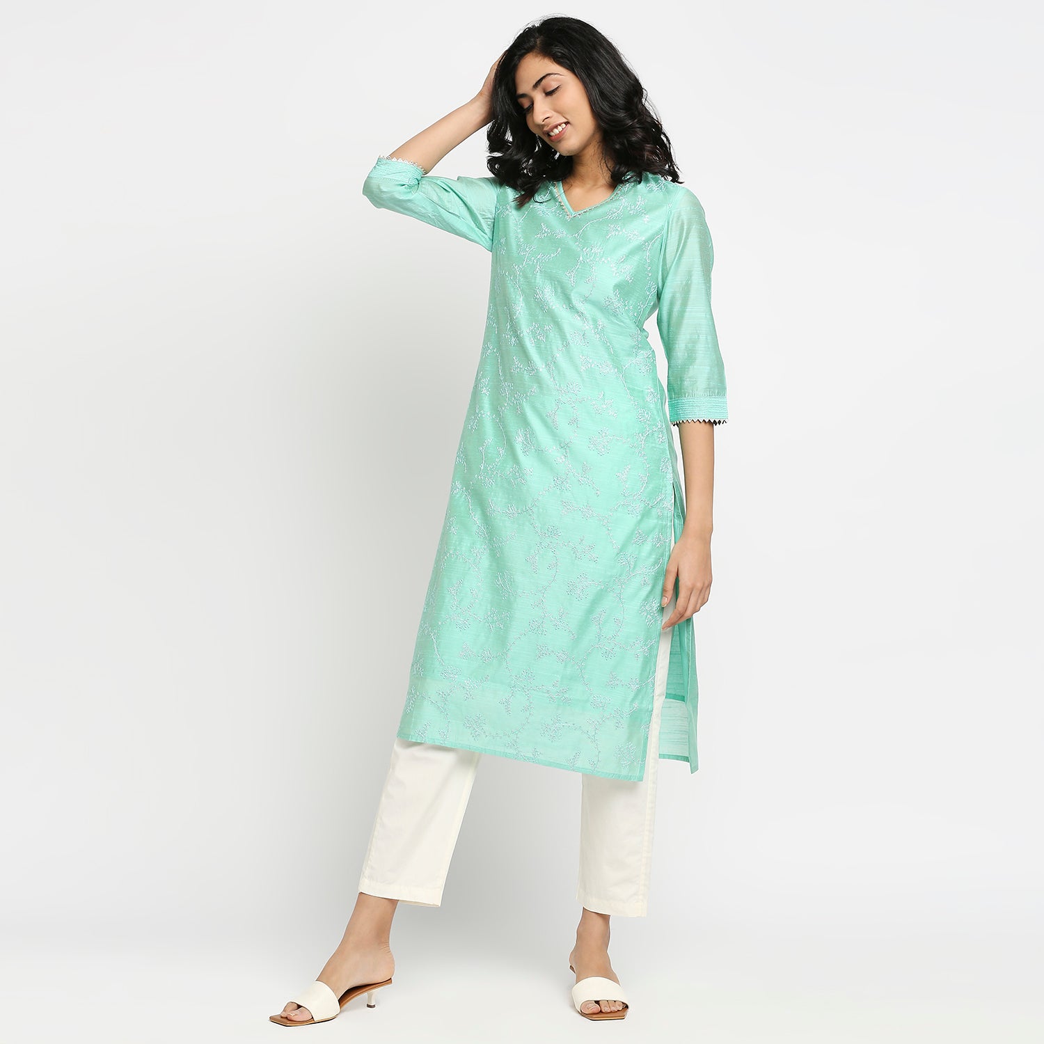 Women's Aqua Viscose Chanderi Embroidered Kurta