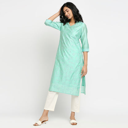 Women's Aqua Viscose Chanderi Embroidered Kurta