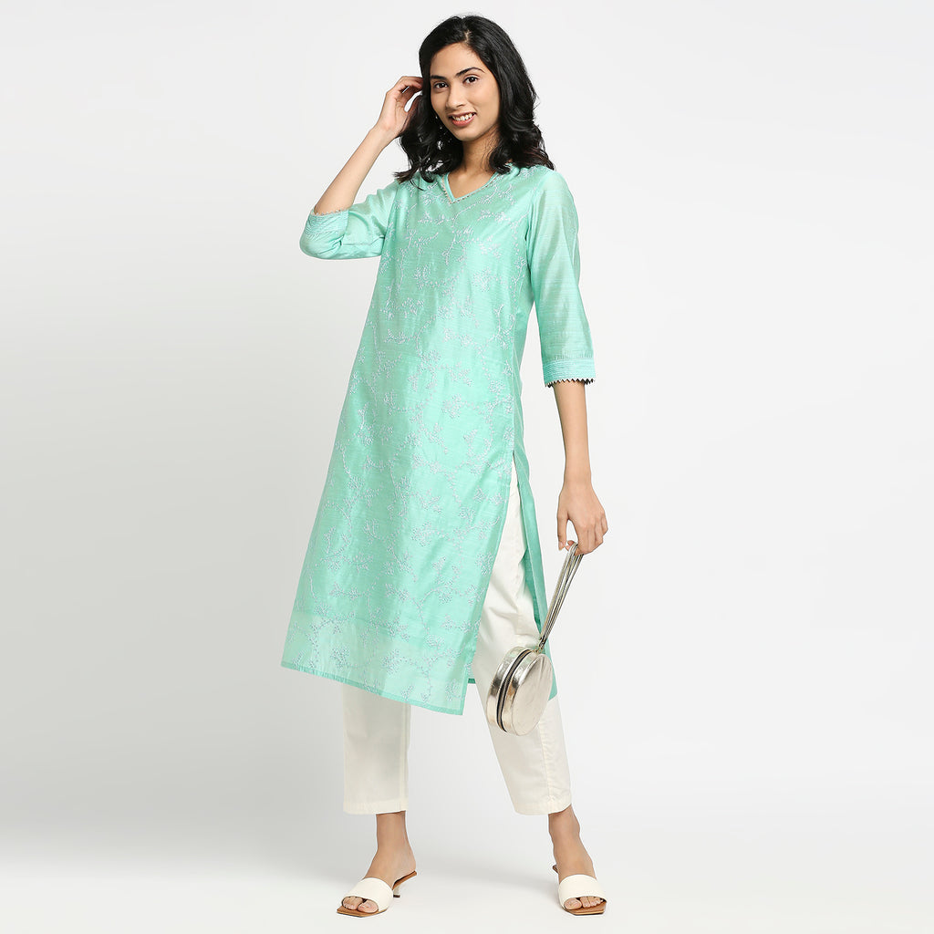 Women's Aqua Viscose Chanderi Embroidered Kurta