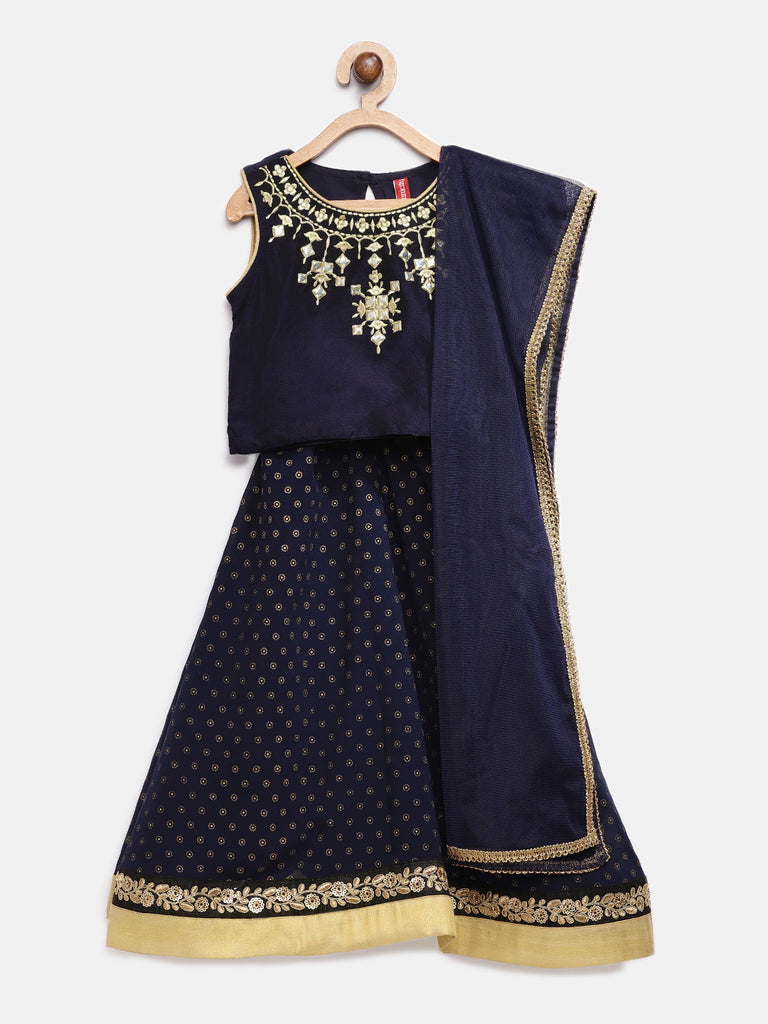 Kids Girls Flared Sleeveless Navy Lehenga Set