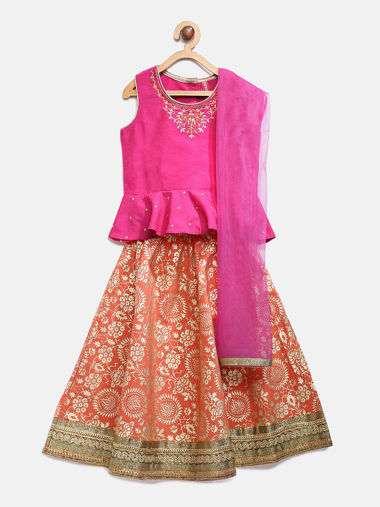 Kids Girls Flared Sleeveless Pink Lehenga Set