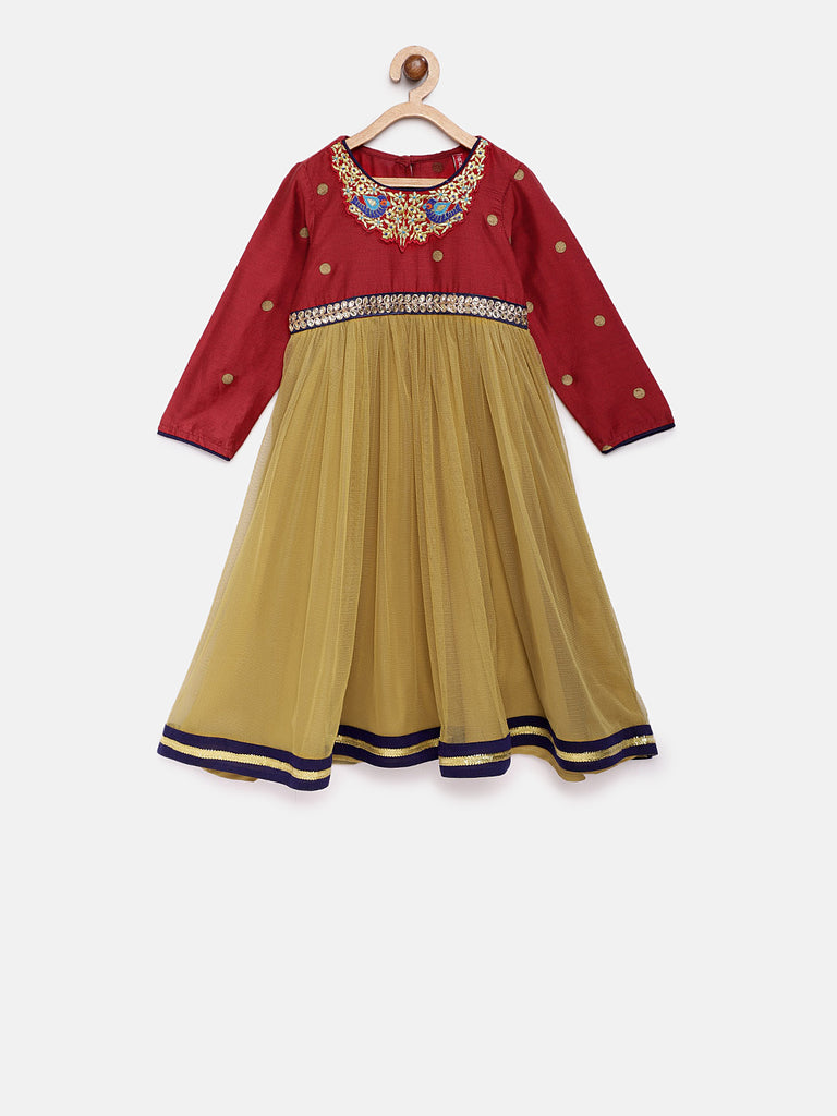 Kids Girls Flared Three-Fourth Maroon Dress