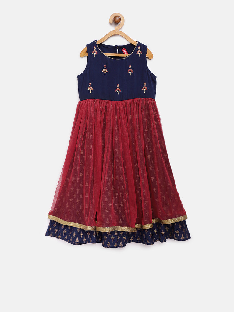 Kids Girls Flared Sleeveless Maroon Dress
