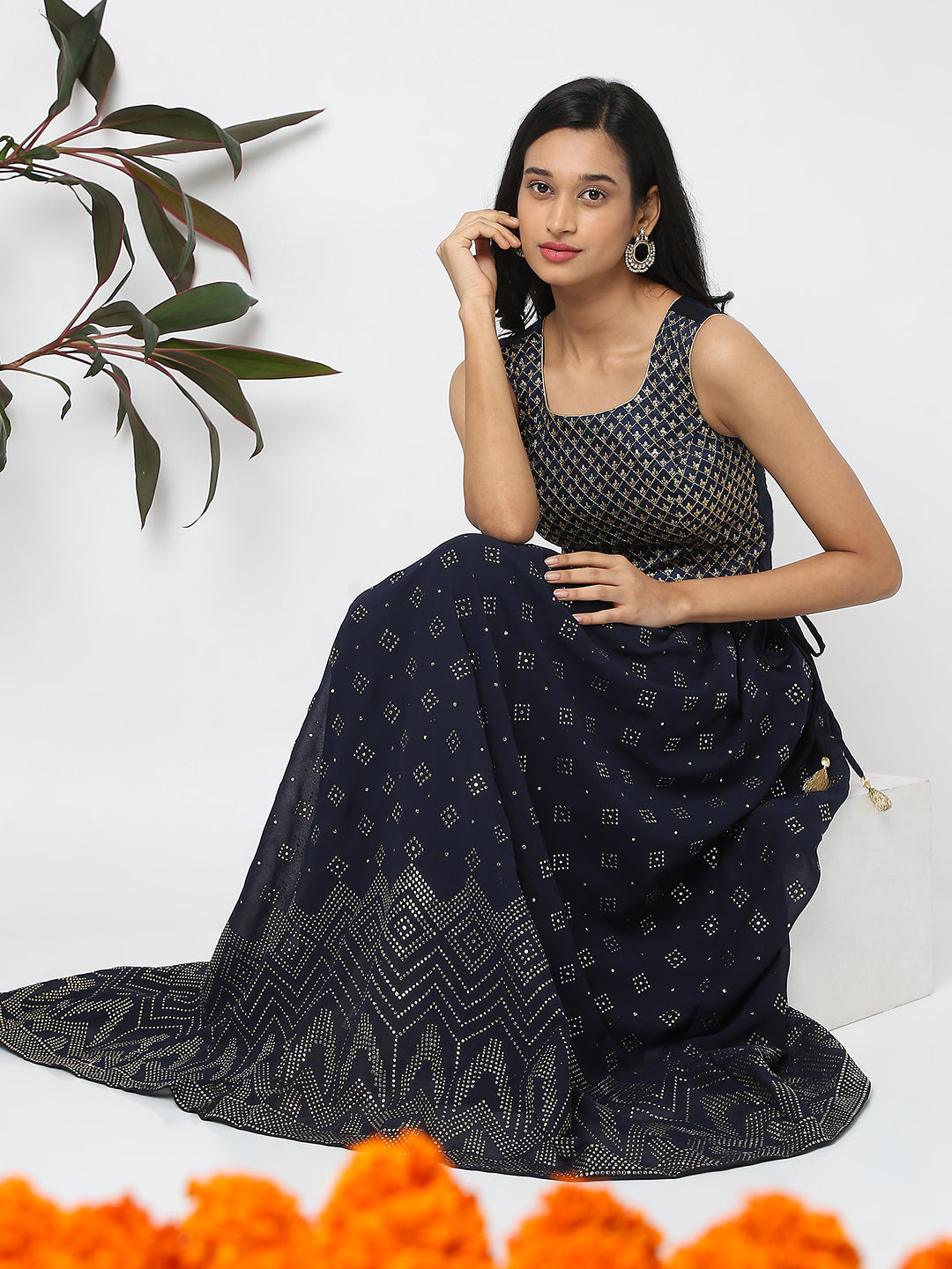 Women's Navy Blue Polyester Embellished Skirt