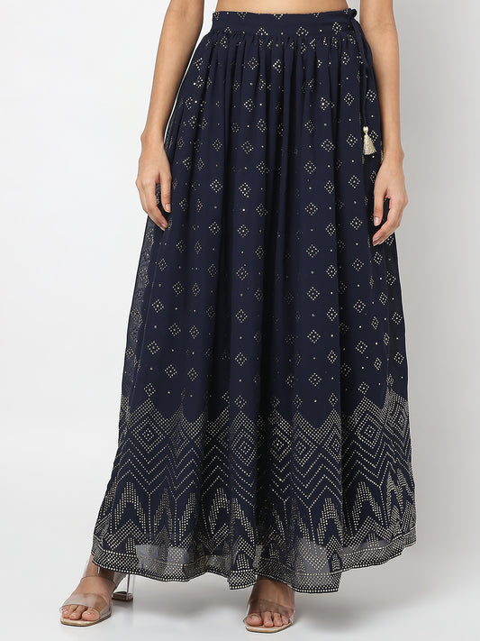 Women's Navy Blue Polyester Embellished Skirt
