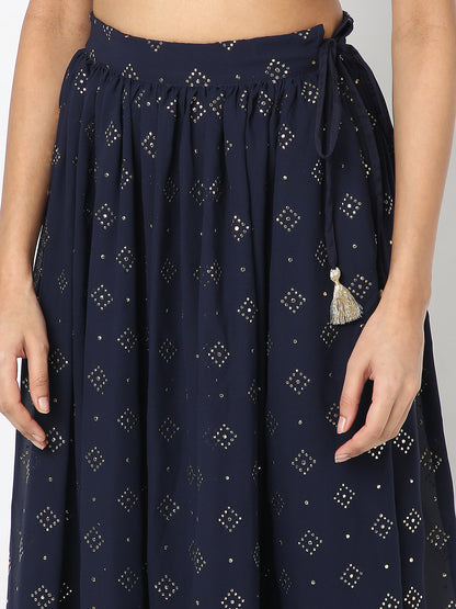 Women's Navy Blue Polyester Embellished Skirt