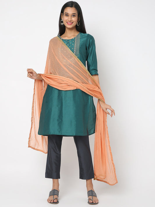 Women's Peach Nylon Chiffon Embellished Dupatta