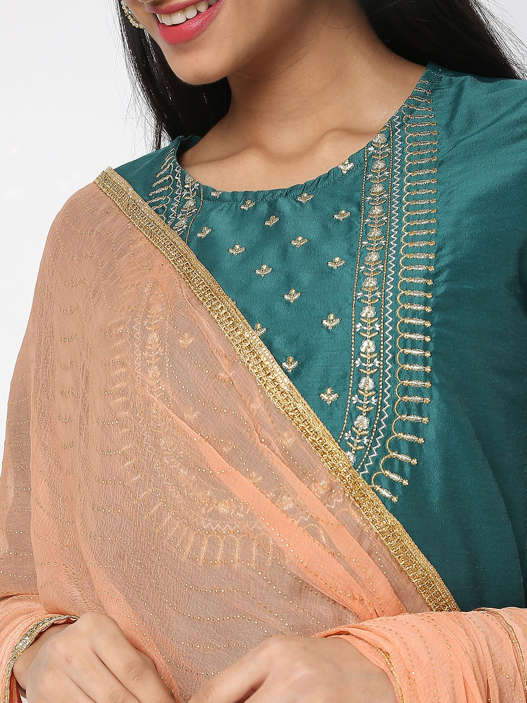 Women's Peach Nylon Chiffon Embellished Dupatta