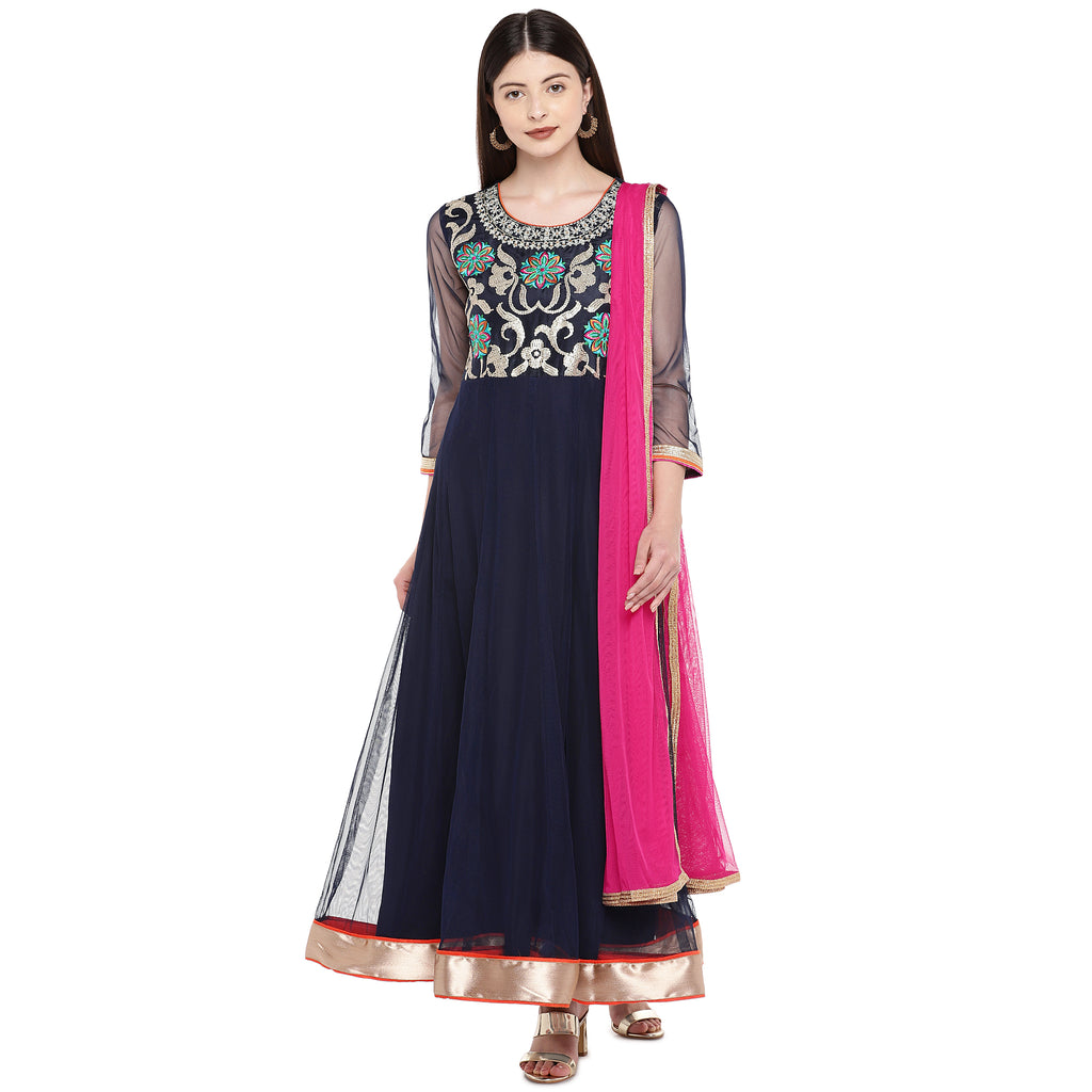 Women Anarkali Three-Fourth Navy Skd