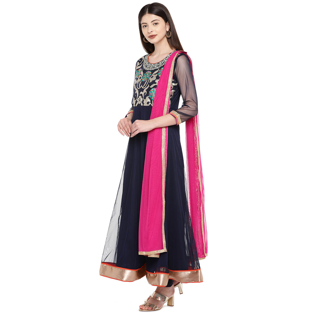 Women Anarkali Three-Fourth Navy Skd