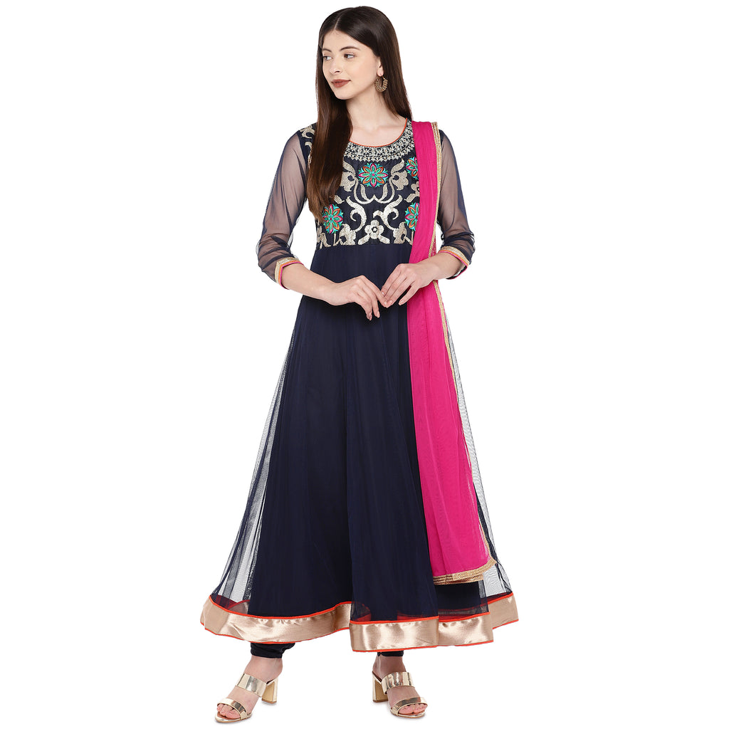 Women Anarkali Three-Fourth Navy Skd