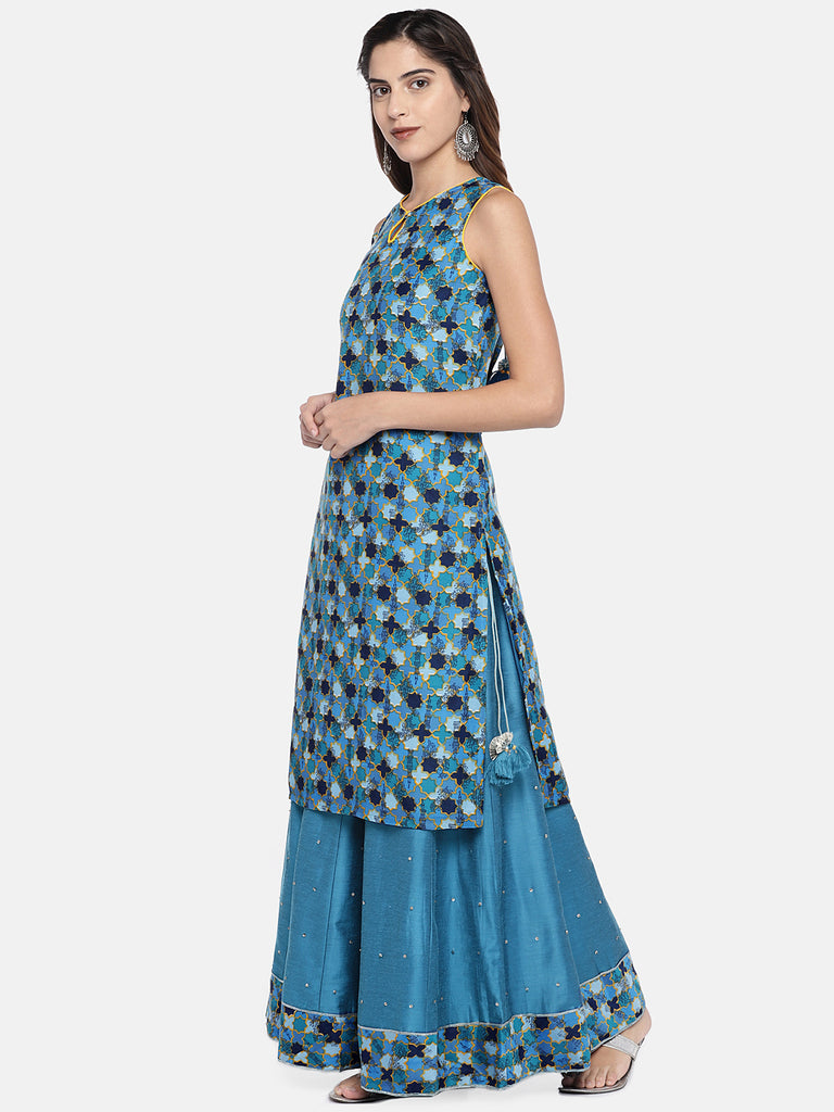 Women Straight Sleeveless Aqua Lehenga Set