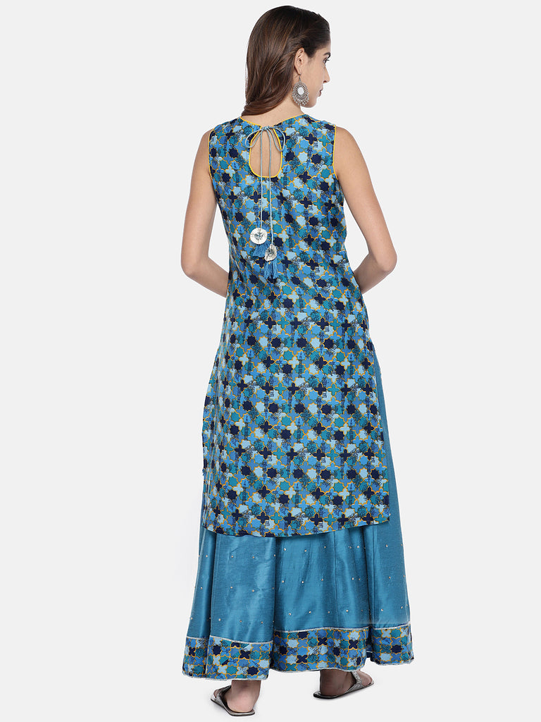 Women Straight Sleeveless Aqua Lehenga Set
