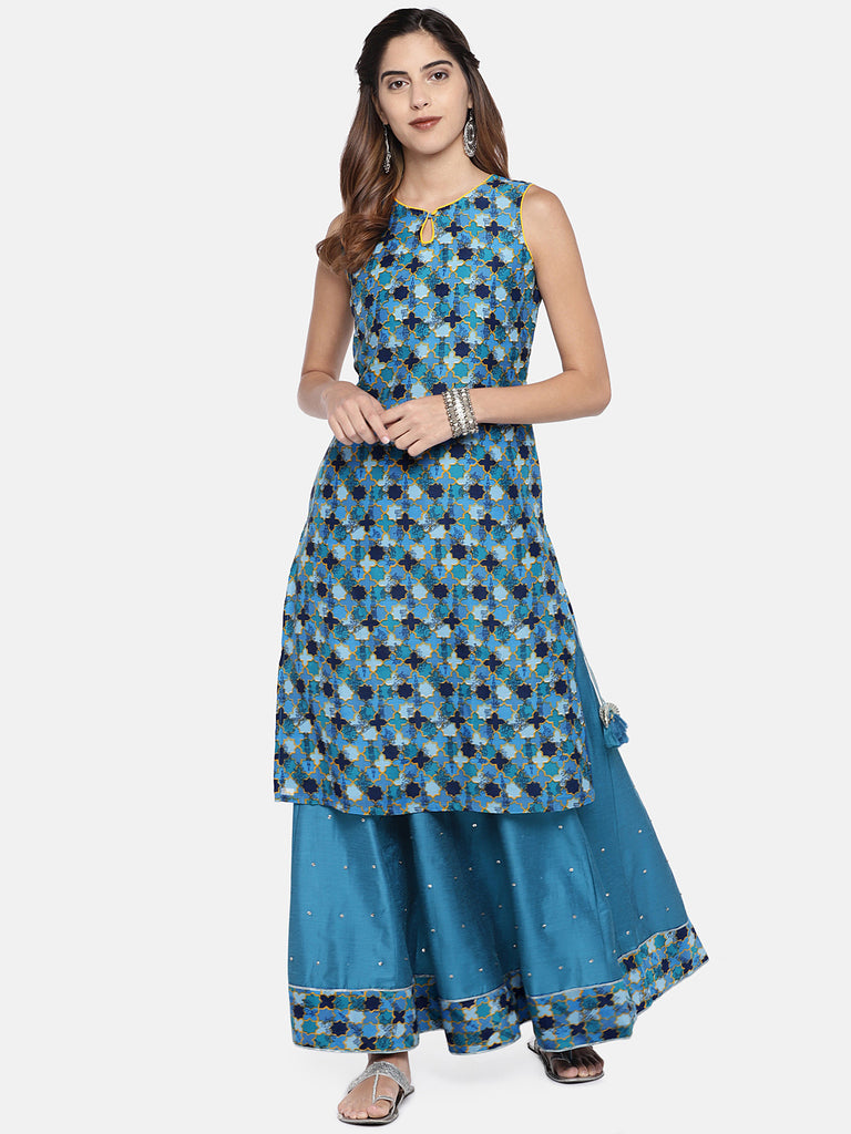 Women Straight Sleeveless Aqua Lehenga Set
