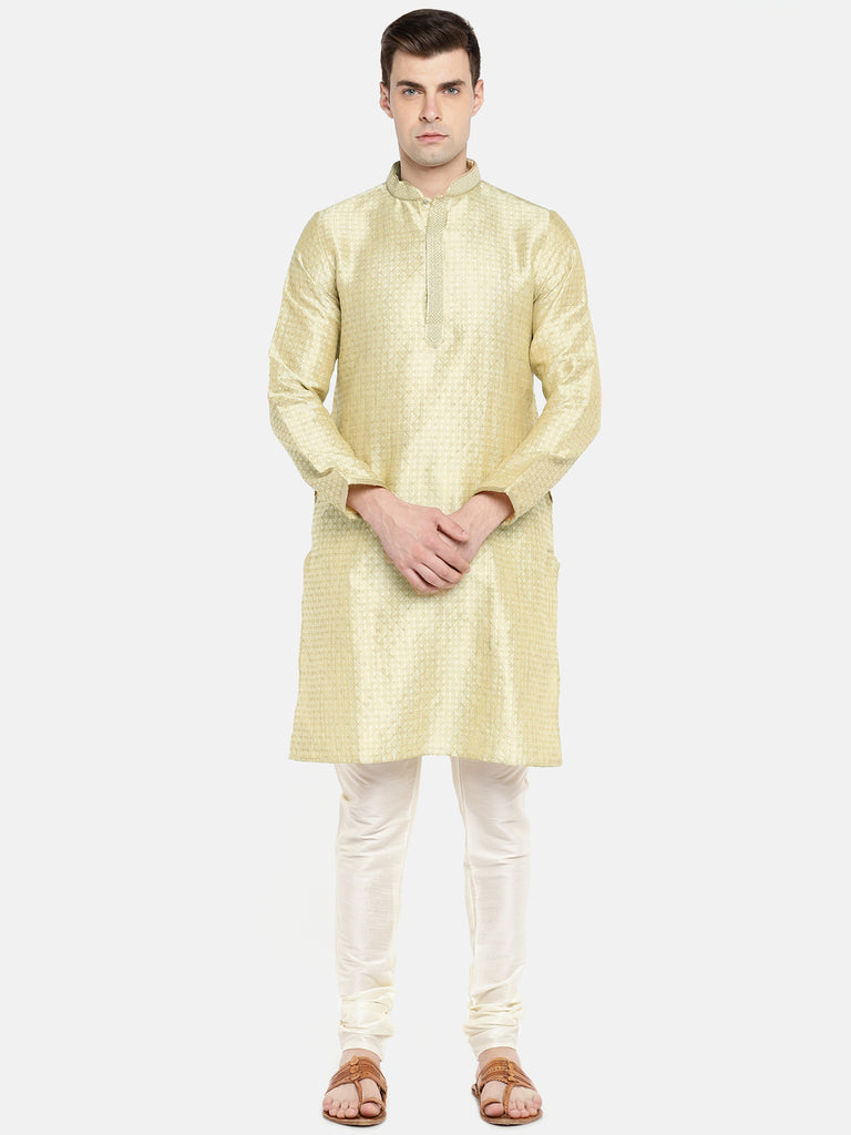 Men Straight Full Sleeve Beige Kurta