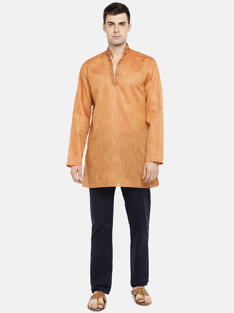 Men Straight Full Sleeve Orange Kurta
