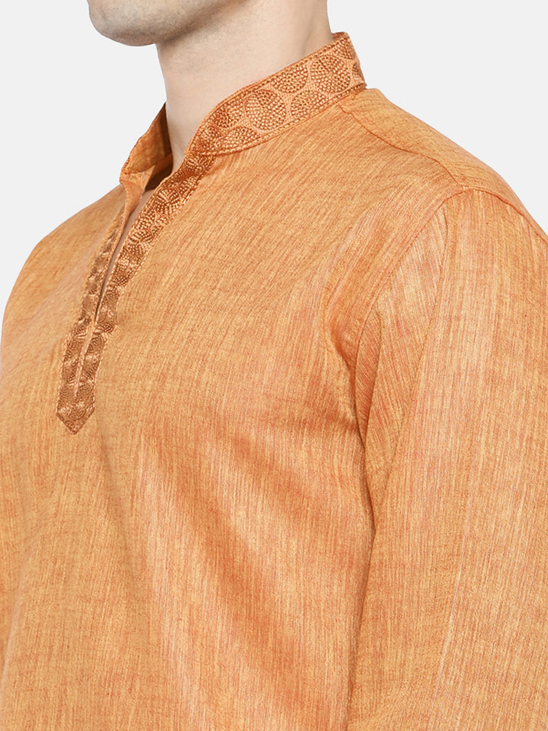 Men Straight Full Sleeve Orange Kurta