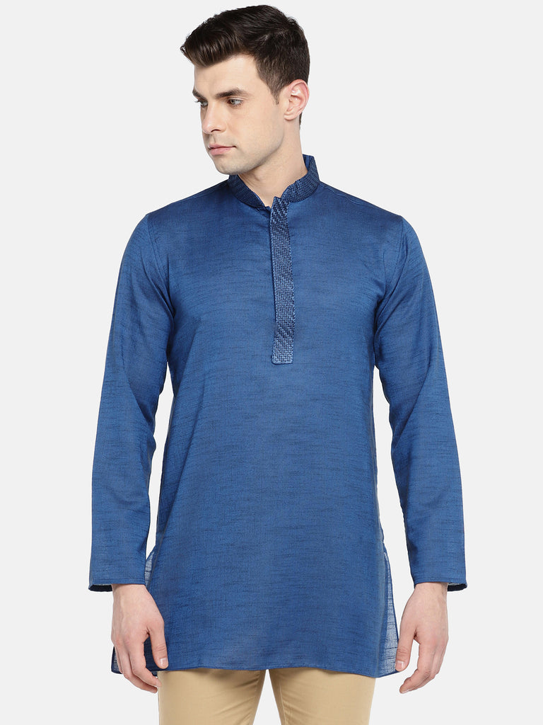 Men Straight Full Sleeve Blue Kurta