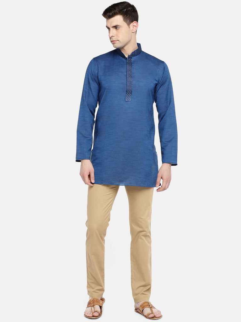 Men Straight Full Sleeve Blue Kurta