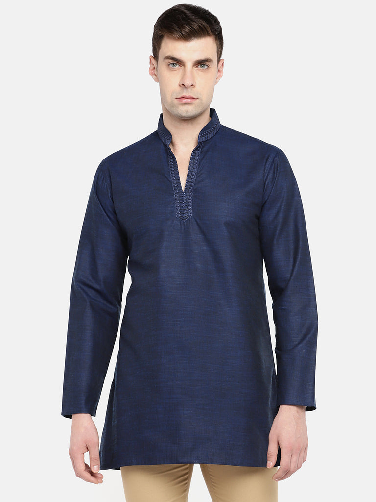 Men Straight Full Sleeve Navy Kurta