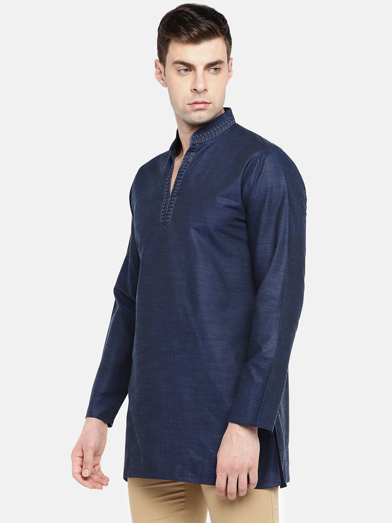 Men Straight Full Sleeve Navy Kurta