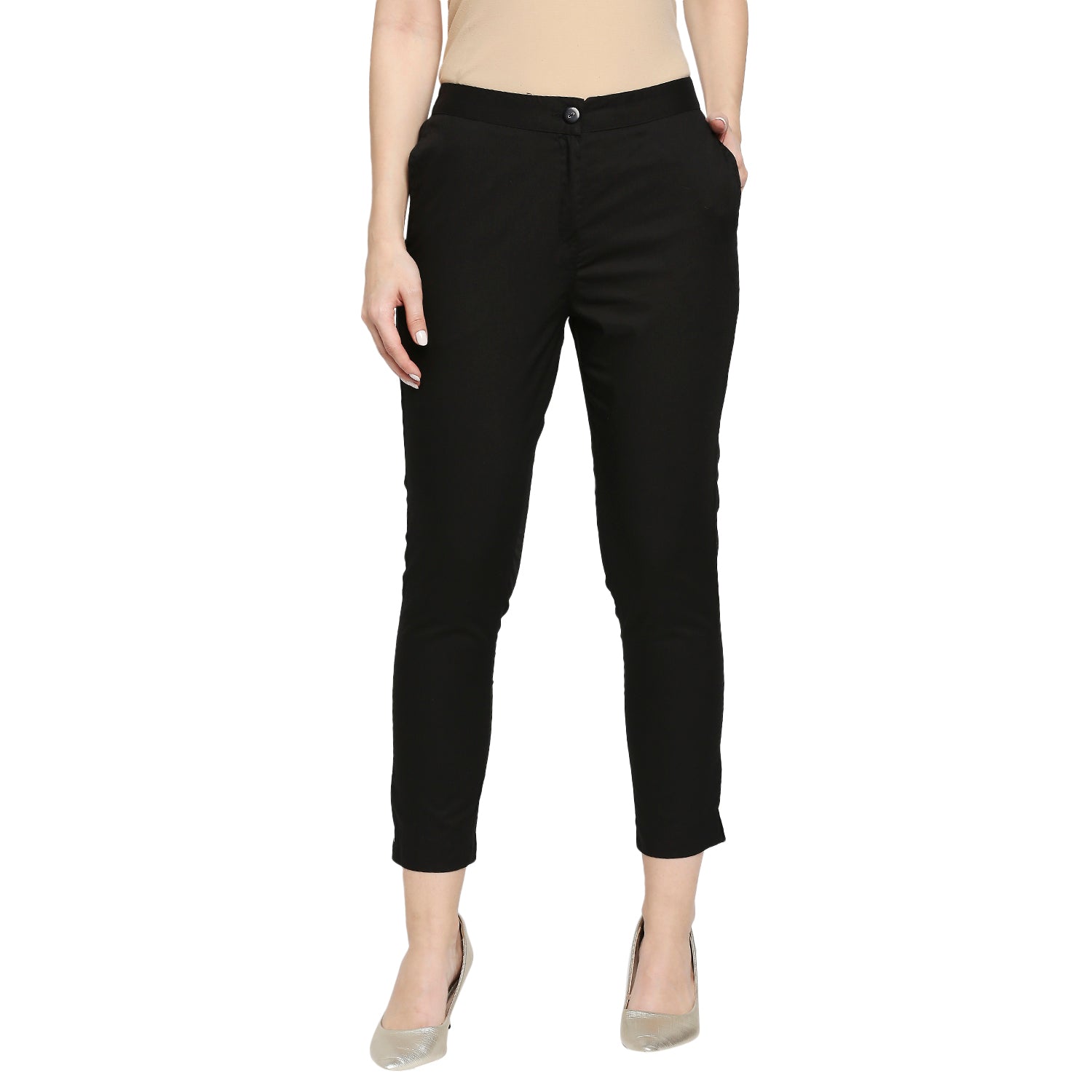 Women's Black Cotton Solid Pants