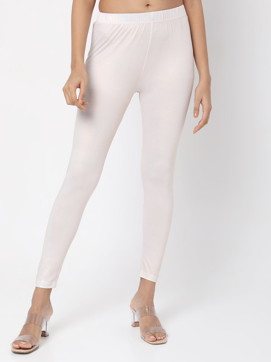 Women's White Polyester Spandex Solid Leggings - Ethnicity India