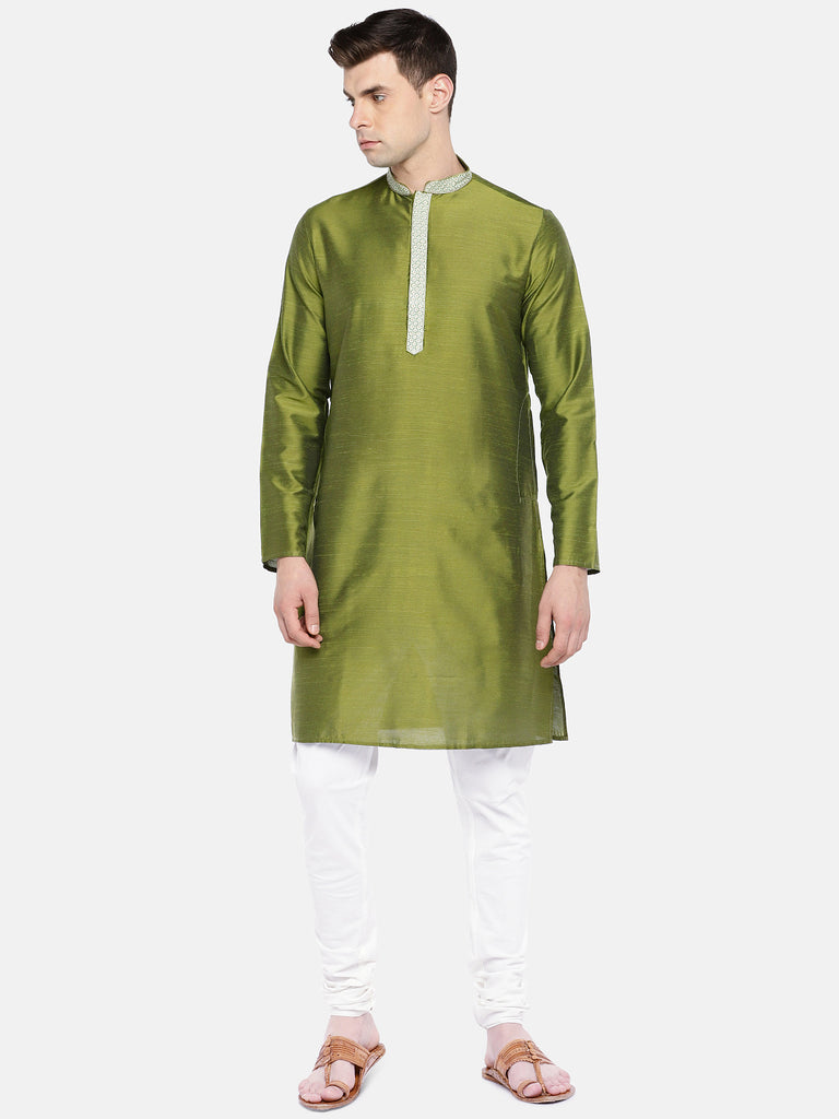Occassion Men Straight Full Sleeve Olive Kurta
