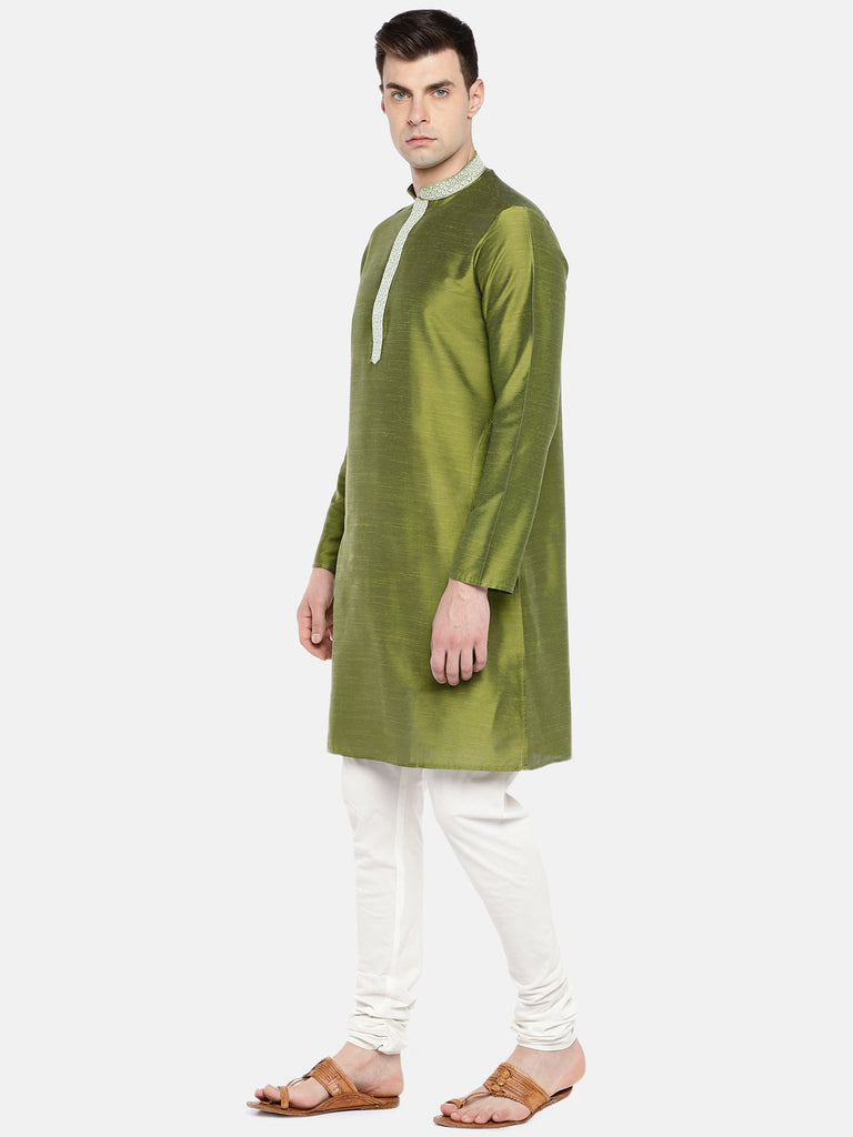 Occassion Men Straight Full Sleeve Olive Kurta