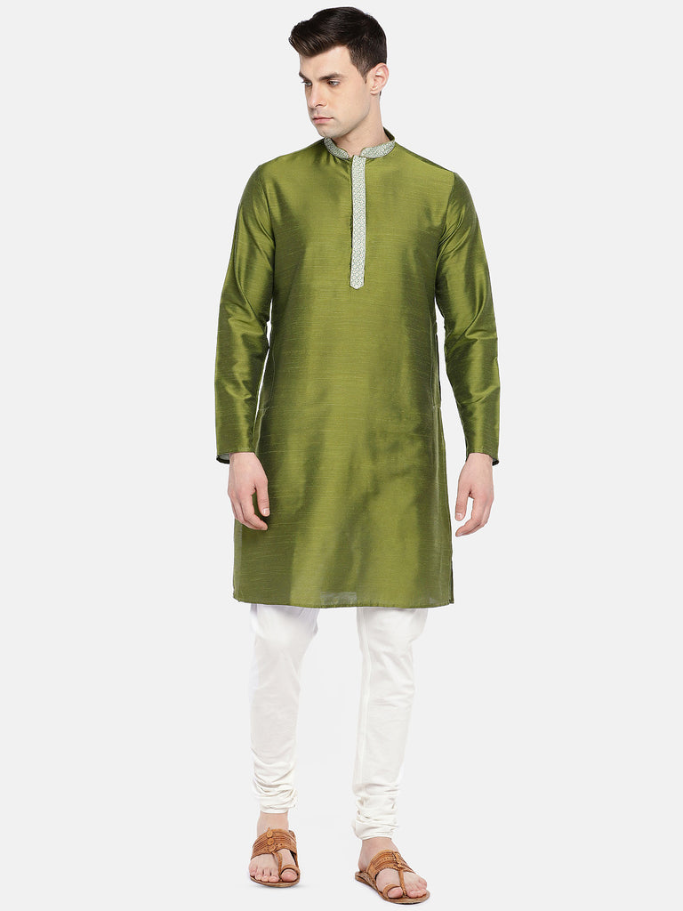 Occassion Men Straight Full Sleeve Olive Kurta