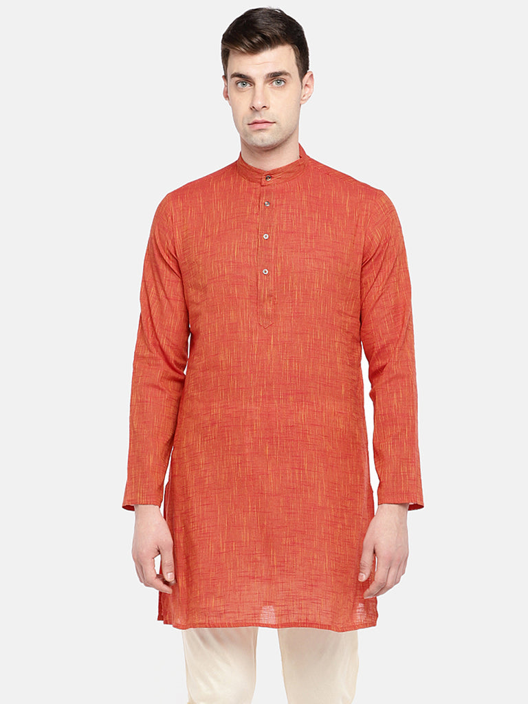 Men Straight Full Sleeve Orange Kurta