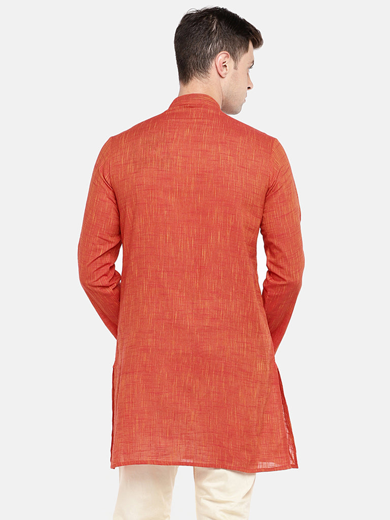 Men Straight Full Sleeve Orange Kurta