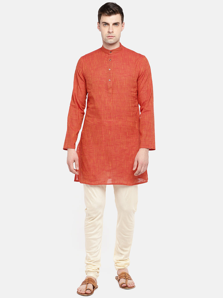 Men Straight Full Sleeve Orange Kurta