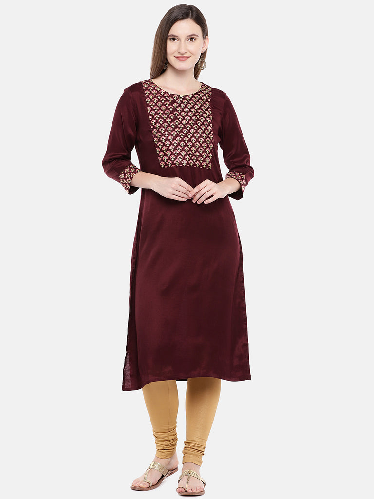 Women A Line Three-Fourth Maroon Kurta