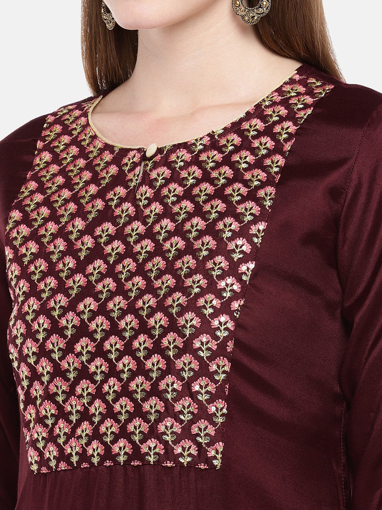 Women A Line Three-Fourth Maroon Kurta